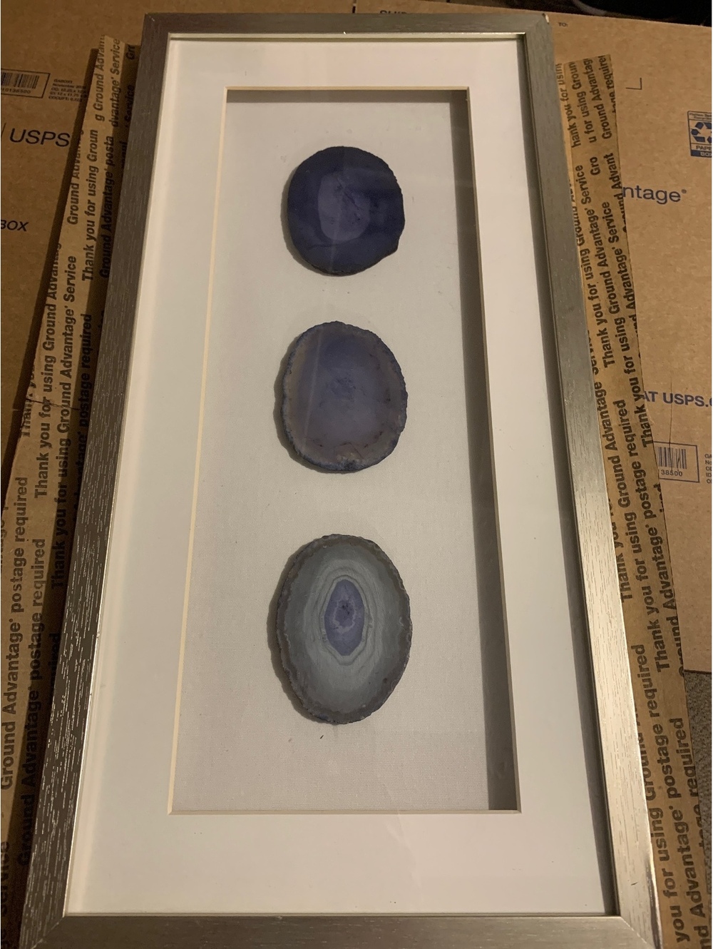 Framed Blue Agate Geode Wall Art with Three Stone Slices